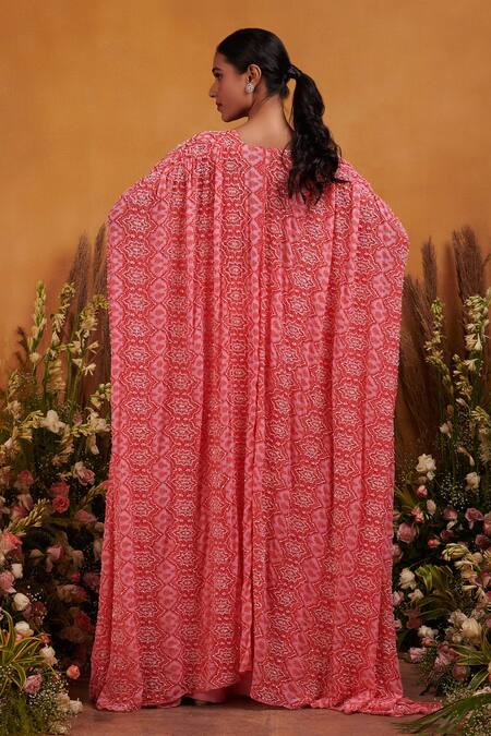 Shop_K & A By Karishma And Ashita_Pink Georgette Geometric Motifs Plunge Zinnia Printed Pant Set With Cape _at_Aza_Fashions