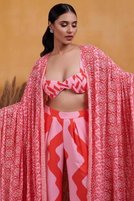 K & A By Karishma And Ashita_Pink Georgette Geometric Motifs Plunge Zinnia Printed Pant Set With Cape _Online_at_Aza_Fashions