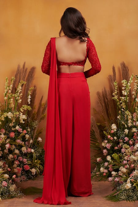 Shop_K & A By Karishma And Ashita_Red Net, Georgette, Shantoon Jaal Work Tulip Pant Saree With Embroidered Blouse _at_Aza_Fashions