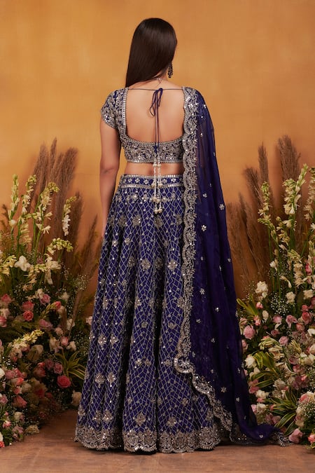 K & A By Karishma And Ashita_Blue Organza, Dupion Silk, Shantoon Floral Jaal Embroidered Bridal Lehenga Set _Online_at_Aza_Fashions