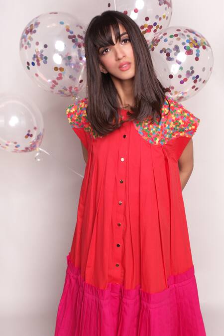 Buy_Chillosophy_Red Poplin Plain Round Cher Colorblock Midi Dress _Online_at_Aza_Fashions