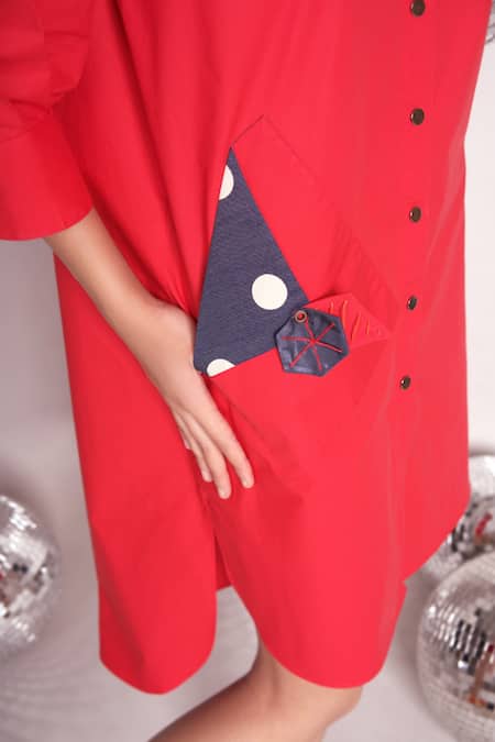 Buy_Chillosophy_Red Poplin Plain Shirt Collar Arielco Dress _Online_at_Aza_Fashions