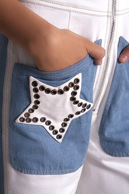 Chillosophy_White Denim Plain V Neck Dido Colorblock Jumpsuit _at_Aza_Fashions