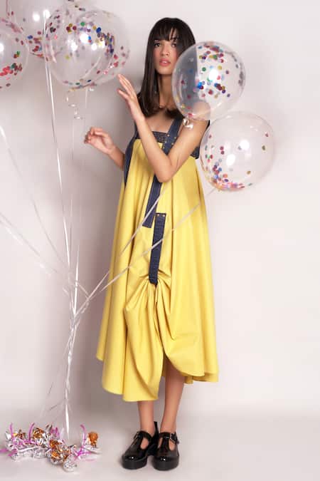 Chillosophy_Yellow Poplin, Denim Plain Square Neck Paula Strappy Dress _Online_at_Aza_Fashions