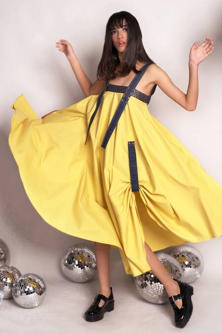 Buy_Chillosophy_Yellow Poplin, Denim Plain Square Neck Paula Strappy Dress _Online_at_Aza_Fashions