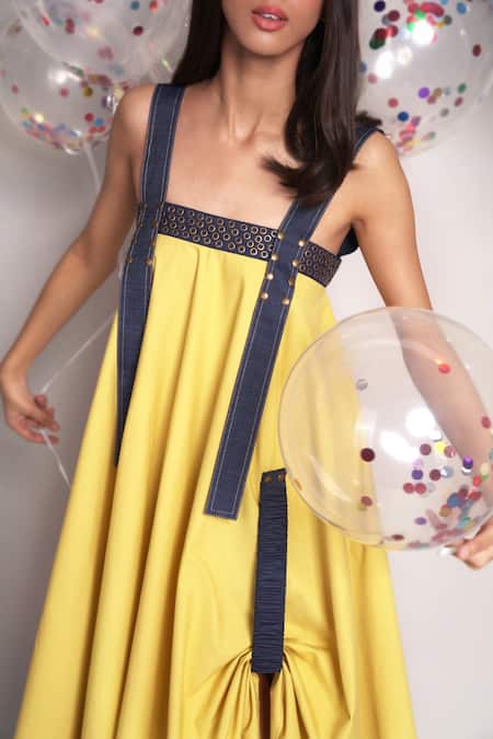 Chillosophy_Yellow Poplin, Denim Plain Square Neck Paula Strappy Dress _at_Aza_Fashions