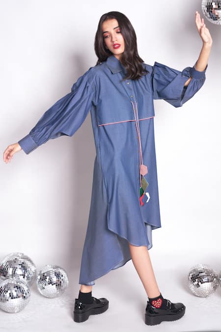 Chillosophy_Blue Chambray Plain Shirt Collar Selena Pleated Sleeve Dress _Online_at_Aza_Fashions