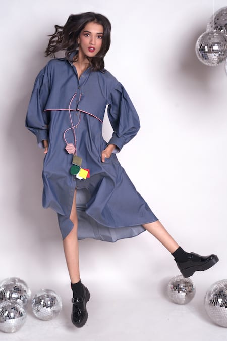Buy_Chillosophy_Blue Chambray Plain Shirt Collar Selena Pleated Sleeve Dress _Online_at_Aza_Fashions
