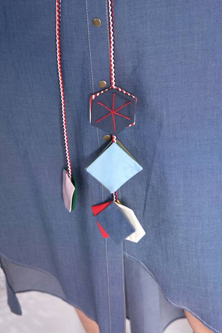 Shop_Chillosophy_Blue Chambray Plain Shirt Collar Selena Pleated Sleeve Dress _Online_at_Aza_Fashions