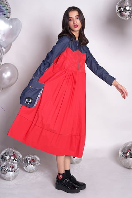 Chillosophy_Red Poplin, Denim Plain Band Collar Camila Colorblock Pleated Dress _Online_at_Aza_Fashions
