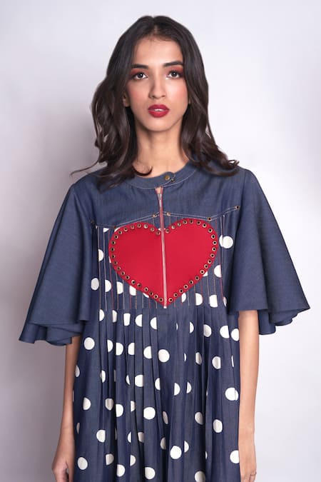 Buy_Chillosophy_Blue Denim Polka Dot Band Collar Vanessa Dress _Online_at_Aza_Fashions