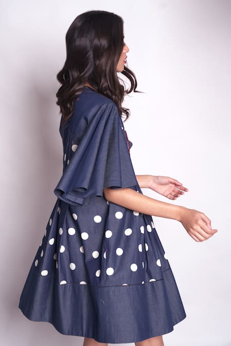 Shop_Chillosophy_Blue Denim Polka Dot Band Collar Vanessa Dress _Online_at_Aza_Fashions