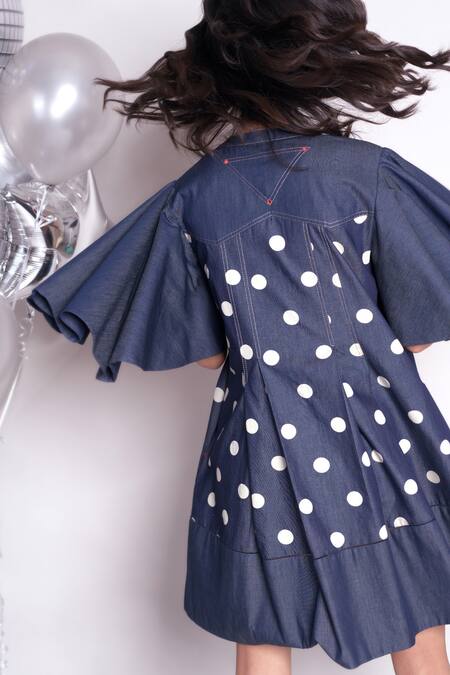 Chillosophy_Blue Denim Polka Dot Band Collar Vanessa Dress _at_Aza_Fashions