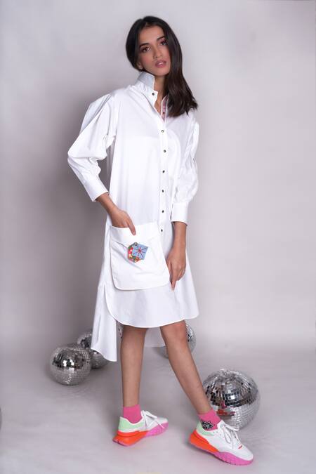 Chillosophy_White Poplin Plain Shirt Collar Mihoco Dress _Online_at_Aza_Fashions
