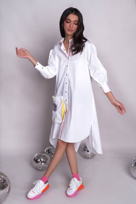 Shop_Chillosophy_White Poplin Plain Shirt Collar Mihoco Dress _Online_at_Aza_Fashions