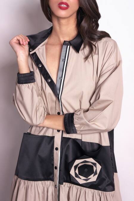 Buy_Chillosophy_Beige Satin, Poplin Plain Shirt Collar Katy Colorblock Dress _Online_at_Aza_Fashions