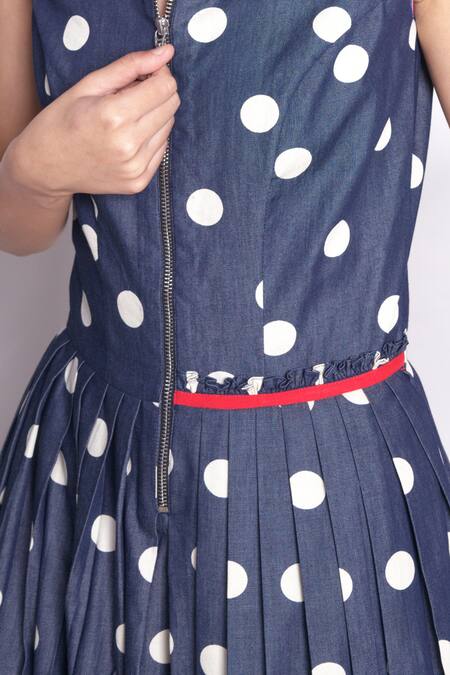 Buy_Chillosophy_Blue Denim Mandarin Collar Mavico Polka Dot Dress _Online_at_Aza_Fashions