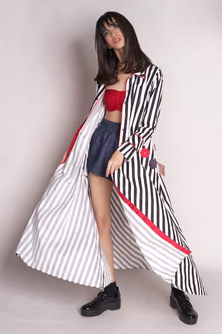 Chillosophy_White Poplin Shirt Collar Carico Stripe Pattern Dress _Online_at_Aza_Fashions