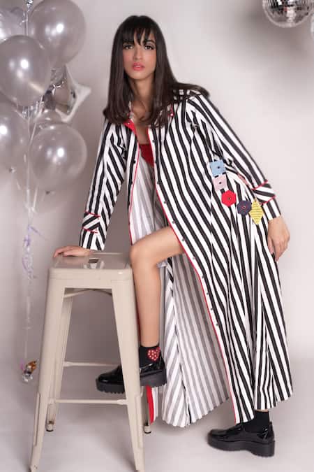 Buy_Chillosophy_White Poplin Shirt Collar Carico Stripe Pattern Dress _Online_at_Aza_Fashions