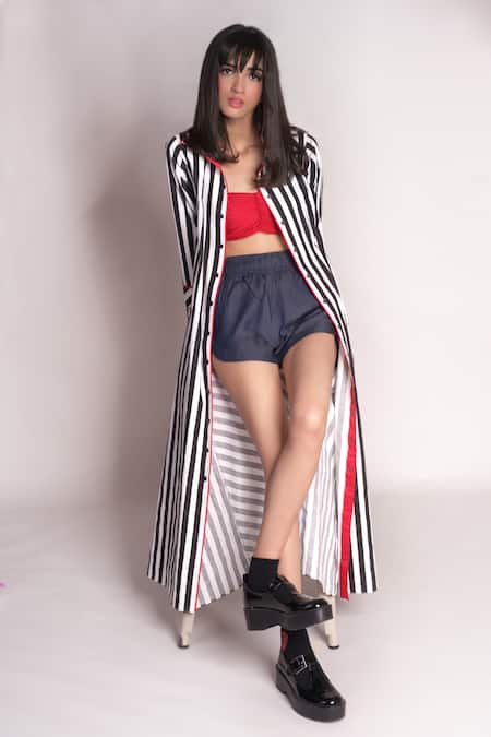 Shop_Chillosophy_White Poplin Shirt Collar Carico Stripe Pattern Dress _Online_at_Aza_Fashions