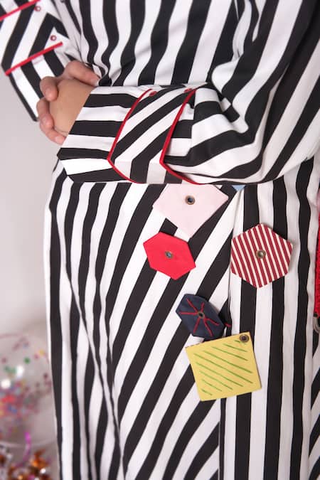 Chillosophy_White Poplin Shirt Collar Carico Stripe Pattern Dress _at_Aza_Fashions