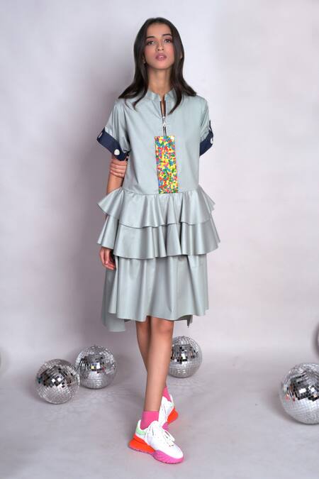 Chillosophy_Green Poplin Plain Mandarin Collar Dua Tiered Dress _Online_at_Aza_Fashions