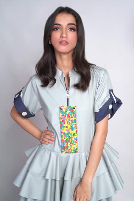 Buy_Chillosophy_Green Poplin Plain Mandarin Collar Dua Tiered Dress _Online_at_Aza_Fashions