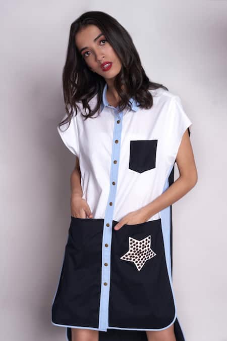 Buy_Chillosophy_White Poplin Plain Shirt Collar Celine Colorblock Dress _Online_at_Aza_Fashions
