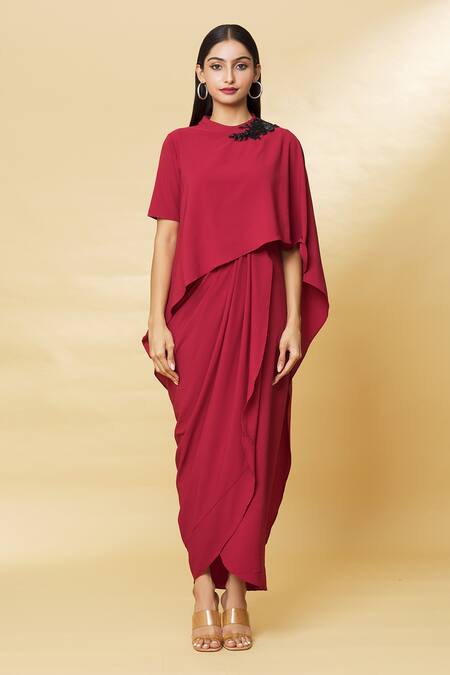 Aakaar_Red Modal Embroidery Midnight Cape Gown_Online_at_Aza_Fashions