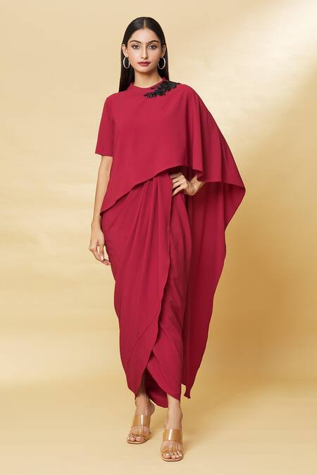 Shop_Aakaar_Red Modal Embroidery Midnight Cape Gown_Online_at_Aza_Fashions