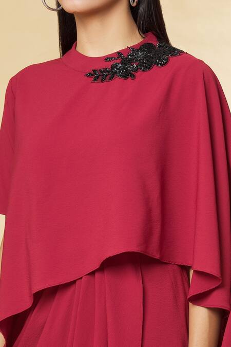 Aakaar_Red Modal Embroidery Midnight Cape Gown_at_Aza_Fashions
