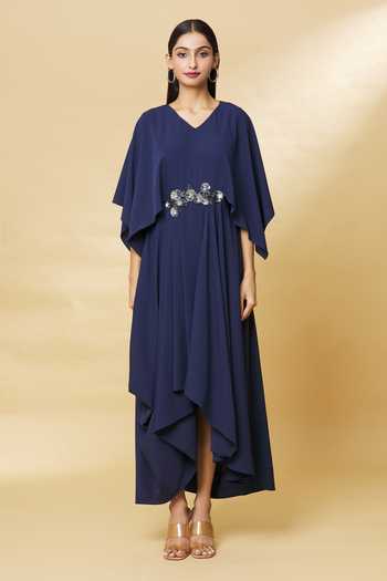 Aakaar_Blue Modal Embroidery, Sequins Waist Dress_Online_at_Aza_Fashions