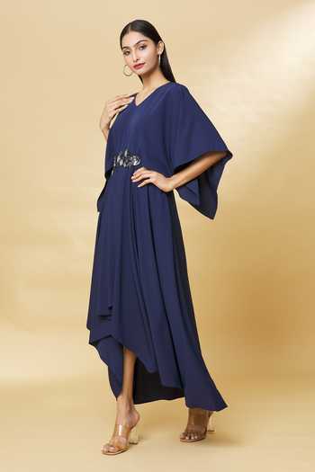 Buy_Aakaar_Blue Modal Embroidery, Sequins Waist Dress_Online_at_Aza_Fashions
