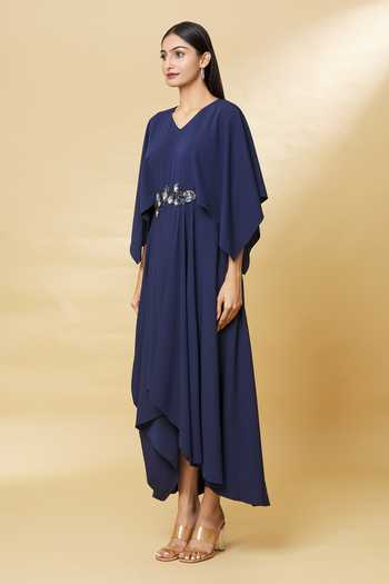 Shop_Aakaar_Blue Modal Embroidery, Sequins Waist Dress_Online_at_Aza_Fashions
