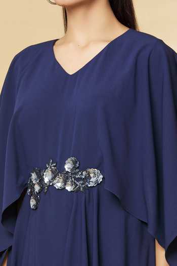 Aakaar_Blue Modal Embroidery, Sequins Waist Dress_at_Aza_Fashions