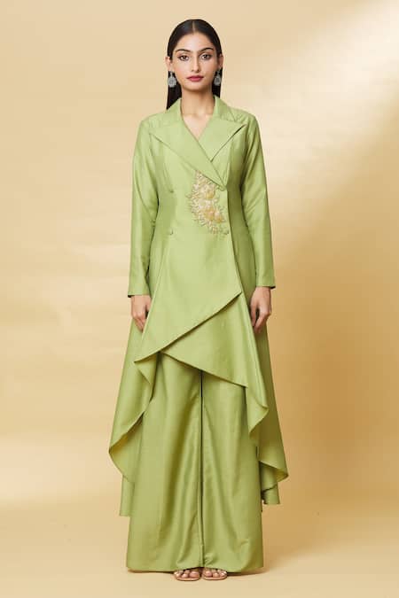 Aakaar_Green Cotton Silk Bugle Beads Lapel Collar Blazer Style Tunic And Palazzo Set _Online_at_Aza_Fashions
