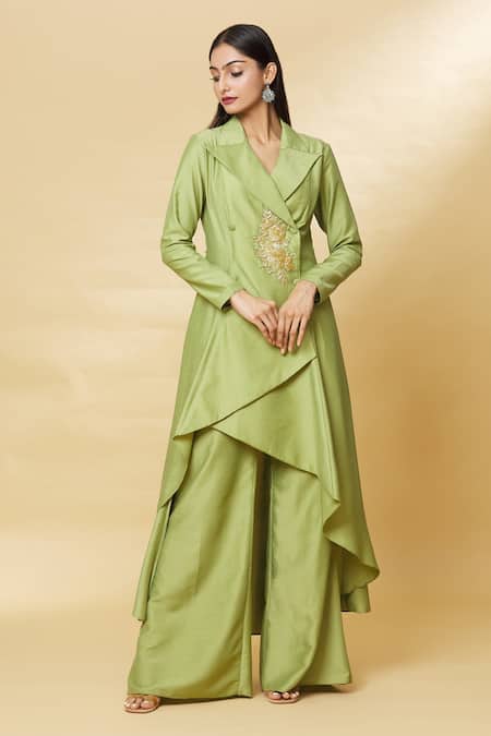 Buy_Aakaar_Green Cotton Silk Bugle Beads Lapel Collar Blazer Style Tunic And Palazzo Set _Online_at_Aza_Fashions