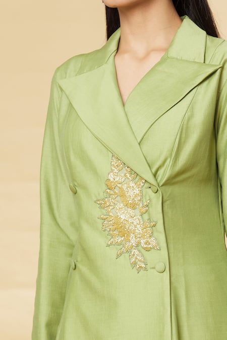 Shop_Aakaar_Green Cotton Silk Bugle Beads Lapel Collar Blazer Style Tunic And Palazzo Set _Online_at_Aza_Fashions