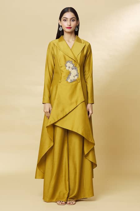 Aakaar_Yellow Cotton Silk Bugle Beads Lapel Collar Blazer Style Tunic And Palazzo Set _Online_at_Aza_Fashions