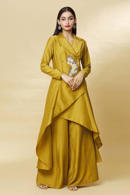 Buy_Aakaar_Yellow Cotton Silk Bugle Beads Lapel Collar Blazer Style Tunic And Palazzo Set _Online_at_Aza_Fashions