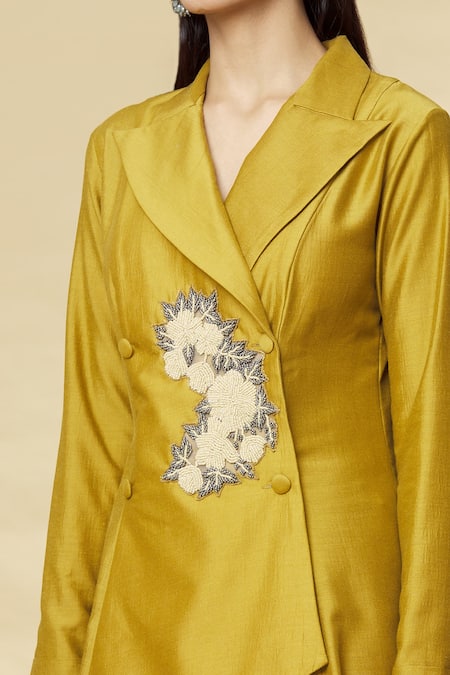 Shop_Aakaar_Yellow Cotton Silk Bugle Beads Lapel Collar Blazer Style Tunic And Palazzo Set _Online_at_Aza_Fashions