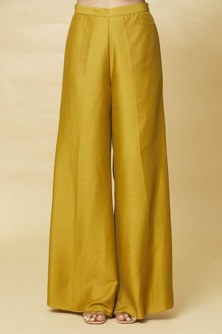 Aakaar_Yellow Cotton Silk Bugle Beads Lapel Collar Blazer Style Tunic And Palazzo Set _at_Aza_Fashions