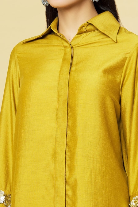 Shop_Aakaar_Yellow Cotton Silk Sequin Spread Collar Tunic And Draped Pant Set_Online_at_Aza_Fashions