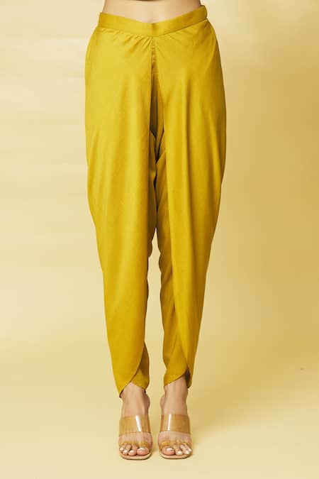Aakaar_Yellow Cotton Silk Sequin Spread Collar Tunic And Draped Pant Set_at_Aza_Fashions