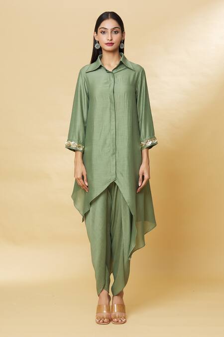 Aakaar_Green Cotton Silk Sequin Spread Collar Tunic And Draped Pant Set_Online_at_Aza_Fashions
