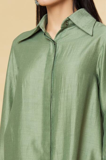 Shop_Aakaar_Green Cotton Silk Sequin Spread Collar Tunic And Draped Pant Set_Online_at_Aza_Fashions