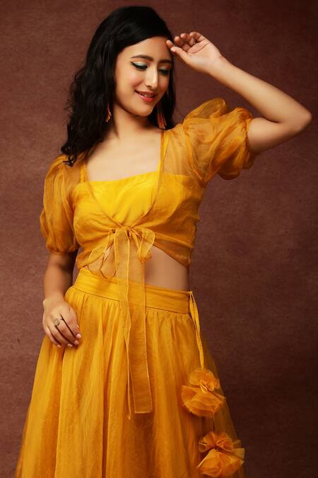 Ranng Label_Yellow Pure Organza Top V Neck And Bralette Puff Sleeves & Lehenga Set _at_Aza_Fashions