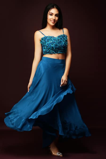 Ranng Label_Blue Natural Crepe 3d Floral Motifs And Strappy Crop Top & Layered Skirt Set _Online_at_Aza_Fashions