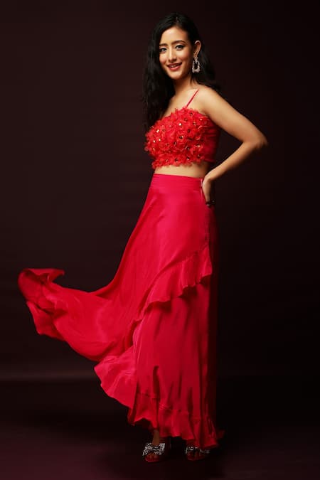Ranng Label_Pink Natural Crepe 3d Floral Motifs And Strappy Crop Top & Layered Skirt Set _Online_at_Aza_Fashions