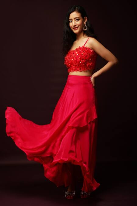 Buy_Ranng Label_Pink Natural Crepe 3d Floral Motifs And Strappy Crop Top & Layered Skirt Set _Online_at_Aza_Fashions